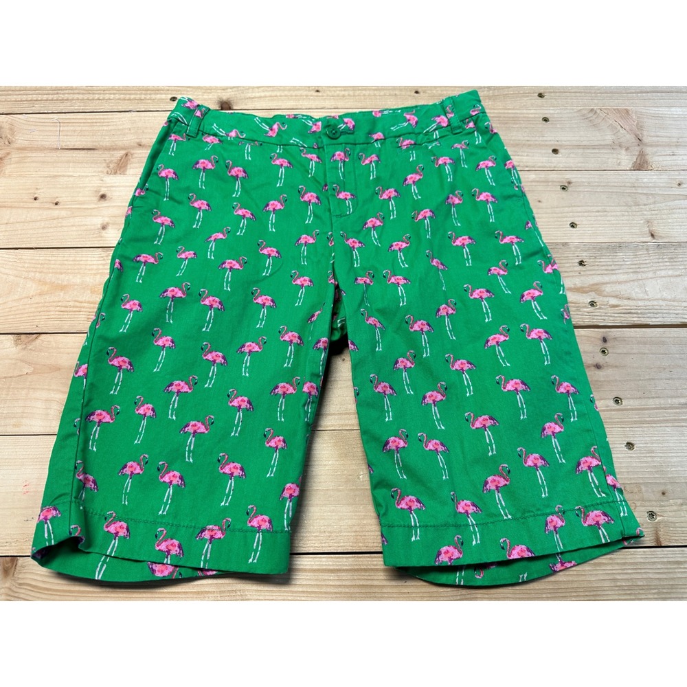 Lands End Kids Green Flamingo Print‎ Bermuda Shorts Size 12